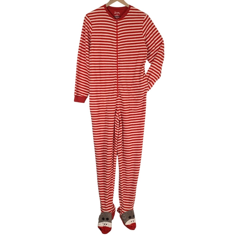 Nick & Nora Womens Red White Striped Sock Monkey Footed Pajamas Union Suit S